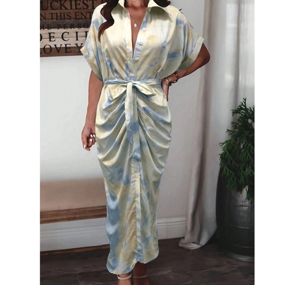 Tie Dye Batwing Sleeve Button Down Belted Midi Dress - Picture 1 of 4